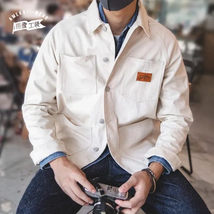 Maden Vintage White Jeans Jacket Retro Work Wear Brand Fashion Coat for Men 13.5 Oz Jeans Coats Pockets Classic Design Natural - Image 2