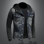 Men Spliced Hooded Washed Denim Jacket Long Sleeve Cardigan Single Breasted Outerwear Loose Coats Pockets High Street Button - Image 4