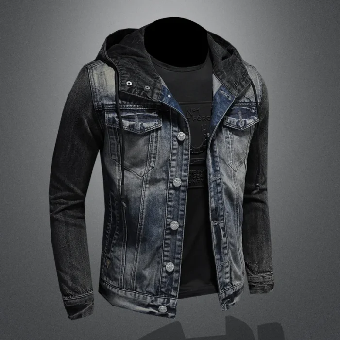 Men Spliced Hooded Washed Denim Jacket Long Sleeve Cardigan Single Breasted Outerwear Loose Coats Pockets High Street Button - Image 4