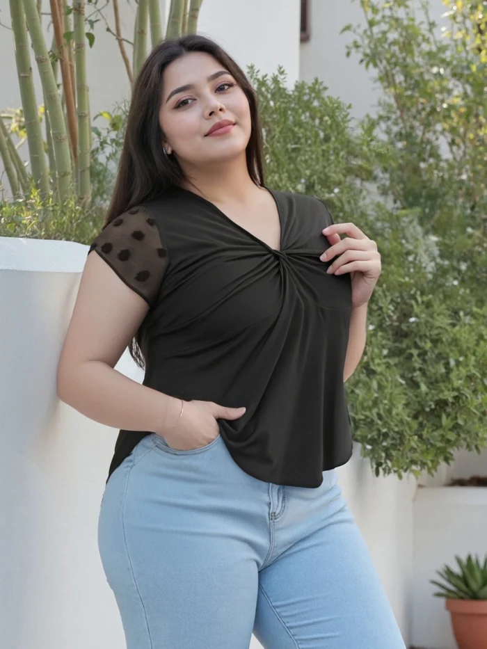 Women s Plus Size Summer Tops Twist Front V Neck Curved Hem Patchwork Mesh Short Sleeve Blouses with Floral Print - Image 1