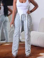 Plus Size Women's Denim Pant High Waist Slim Spring Casual Vintage Beading Jeans Fashion 2025 Streetwear Straight Jeans Trousers - Image 2