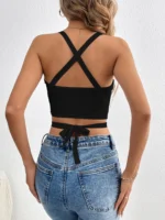 Solid Crisscross Halter Top, Tie Back Sleeveless Party Wear Top, Women's Clothing - Image 2