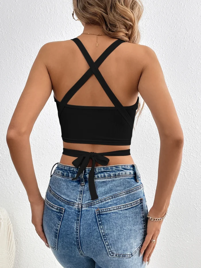 Solid Crisscross Halter Top, Tie Back Sleeveless Party Wear Top, Women's Clothing - Image 2