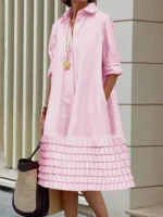 Women’s A-Line Midi Dresses 2024 New Autumn Summer Long Sleeves Layered Pleated Pockets Solid Color Lapel Shirt Dress - Image 2