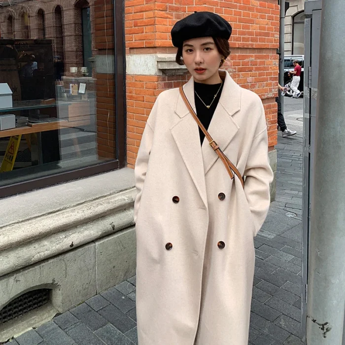 Women 100% Real Wool Long Overcoat Turn-down Collar Pocket Double Layer Narrow Notch Lapel Double-Breasted Coat Fall Winter - Image 2