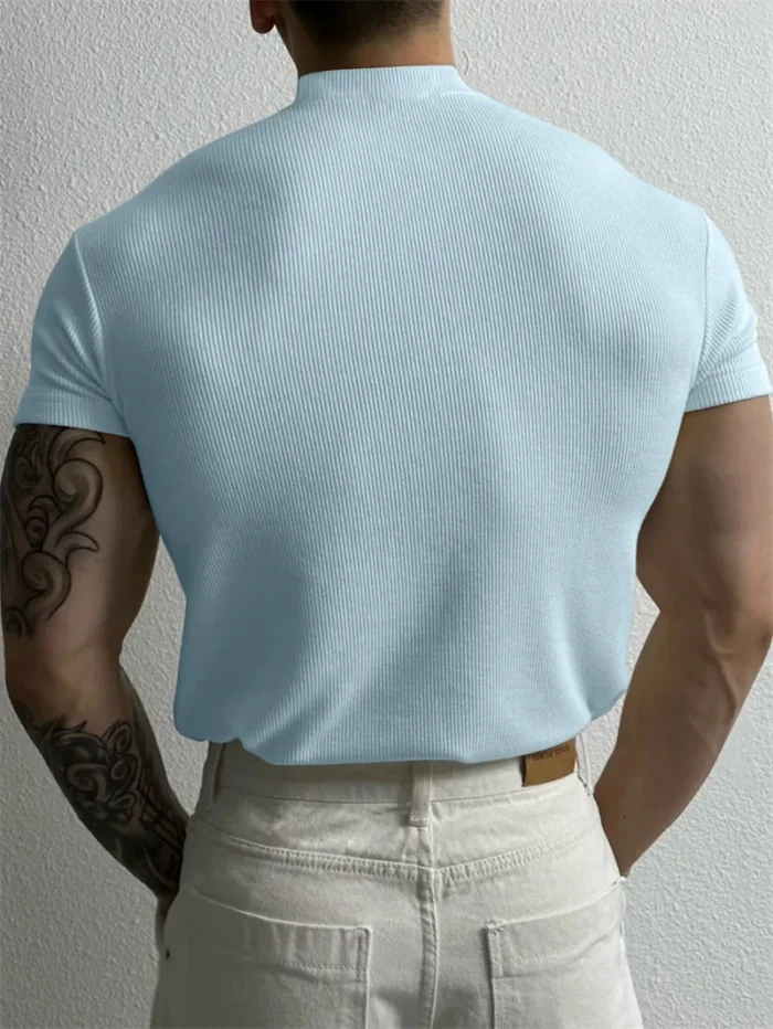 spring summer fashion Men's T-shirt Small high collar stripe shirt short sleeve fitness top leisure sport T-shirt Men sportswear - Image 4