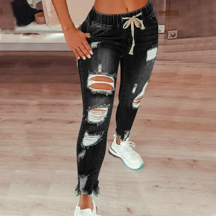 Plus Size High Waist Ripped Denim Trousers Women Clothing 2025 Fashion Korean Casual Slim Large Size Jeans Oversized Pants Leggi - Image 3