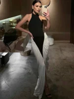 Whatiwear Contrast Patchwork Maxi Dress Women Halter Off Shoulder Backless Midnight Prom Party Ruched Elegant Skinny Vestidos - Image 3