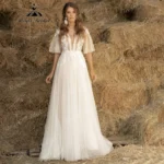 Customized Boho A Line Wedding Dress Allure Lace V Neck Half Sleeves Bridal Gown For Women Sweep Train vestidos de novia