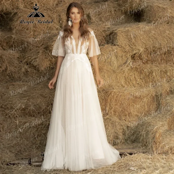 Customized Boho A Line Wedding Dress Allure Lace V Neck Half Sleeves Bridal Gown For Women Sweep Train vestidos de novia - Image 1
