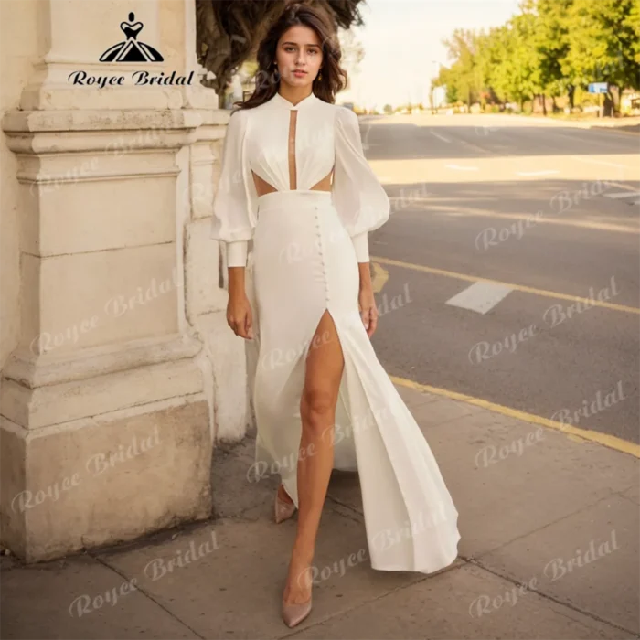 Simple Boho Wedding Dress Sheath High Neck Chiffon Customized Lantern Sleeves Beach Bridal Gown Robe De Mariée For Bride - Image 1