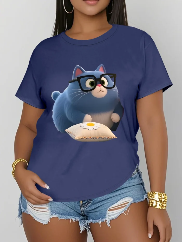 Plus Size Women's Short Sleeve T Shirt, Cute Blue Cat with Pillow Graphic Print, Casual Loose Fit Cartoon Tee for Summer - Image 3