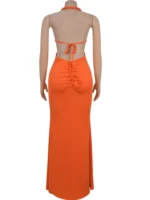 Beyprern Women's Cut-Out Ruched Maxi Dress Orange Sexy Halter Neck Backless High Slit Bandage Party Dresses Birthday Outfits - Image 5
