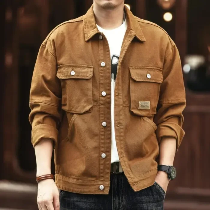 Cargo Oversize Cowboy Coat for Men Brown Cotton Denim Jackets Man Joker of Fabric Korea Japanese Retro Outwear Size L Lxury Worn - Image 1