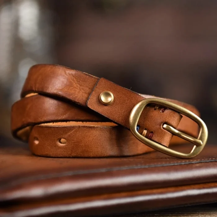 Retro Narrow Genuine Leather Women's Belt Pure Copper Button Western Cowboy Style Versatile Jeans Belt Fashion Luxury Women Belt - Image 1