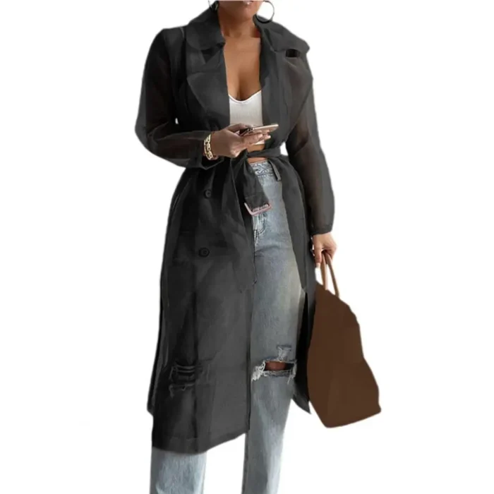 Spring Summer Women Coat Solid Color Turndown Collar Long Sleeve Net YarnWomen Shirt See Through Lace-up Female Long Shirt - Image 4