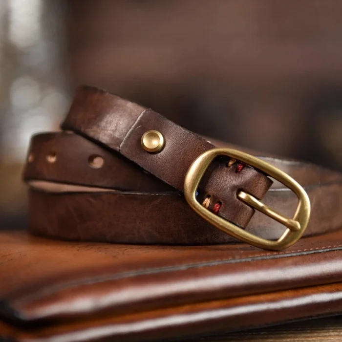 Retro Narrow Genuine Leather Women's Belt Pure Copper Button Western Cowboy Style Versatile Jeans Belt Fashion Luxury Women Belt - Image 2