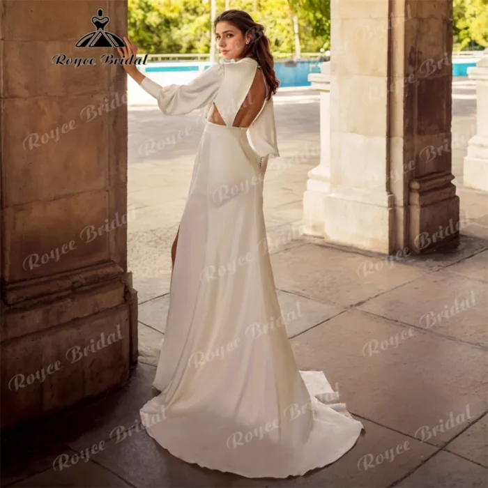 Simple Boho Wedding Dress Sheath High Neck Chiffon Customized Lantern Sleeves Beach Bridal Gown Robe De Mariée For Bride - Image 2