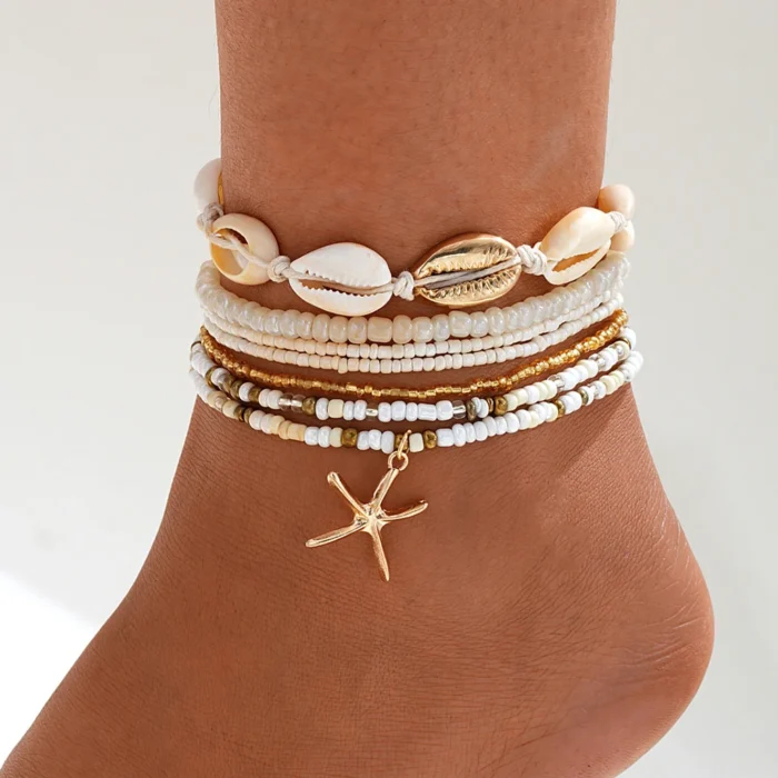 7pc/set Bohemian Rice Beads Starfish Pendant Anklet Set Fashion Summer Beach Sea Shell Multilayer Ankle Bracelet On Foot Jewelry - Image 1