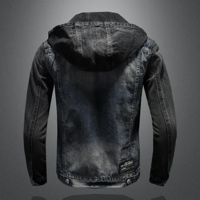 Men Spliced Hooded Washed Denim Jacket Long Sleeve Cardigan Single Breasted Outerwear Loose Coats Pockets High Street Button - Image 2