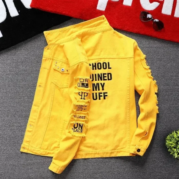 Jeans Coat for Men Hip Hop with Print Ripped Button Black Hole Denim Jackets Man Size L Large Lxury Worn Cowgirl Fast Delvery G - Image 6