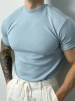 spring summer fashion Men's T-shirt Small high collar stripe shirt short sleeve fitness top leisure sport T-shirt Men sportswear - Image 5