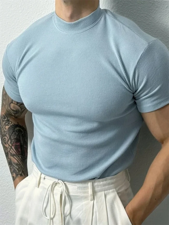 spring summer fashion Men's T-shirt Small high collar stripe shirt short sleeve fitness top leisure sport T-shirt Men sportswear - Image 5