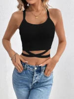 Solid Crisscross Halter Top, Tie Back Sleeveless Party Wear Top, Women's Clothing
