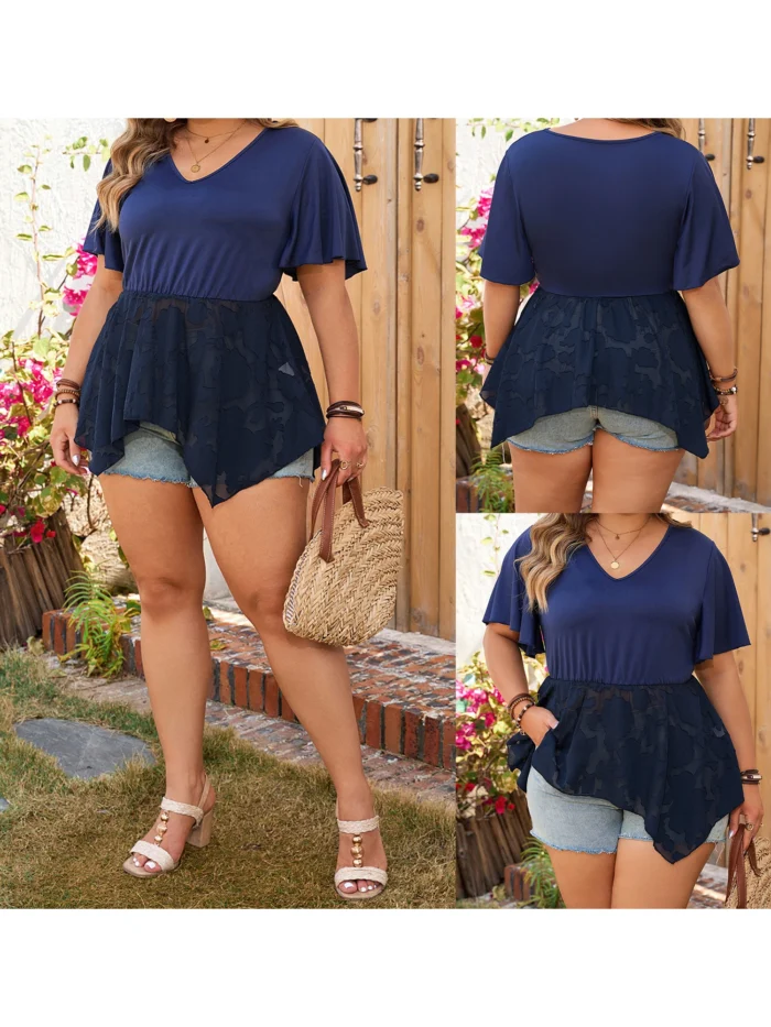Women s Plus Size Tee Floral Mesh Patchwork Flare Short Sleeve V-Neck Irregular Hem T-Shirt Streetwear with Embroidered Details - Image 2