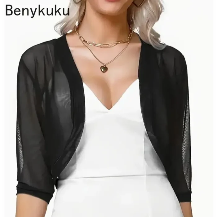 Vintage 3/4 Sleeve Mesh Shrug Bolero Cardigan Slim Cropped Tops Chiffon Ladies Black Jacket Spring Coat Casual Women Clothes - Image 1