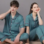 High Quality Couple Pajamas Suit Summer Short Sleeve Long Pant Home Cloth Men Ice Silk Thin Satin Large Size Sleepwear Set Women - Image 2