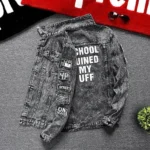 Jeans Coat for Men Hip Hop with Print Ripped Button Black Hole Denim Jackets Man Size L Large Lxury Worn Cowgirl Fast Delvery G - Image 2