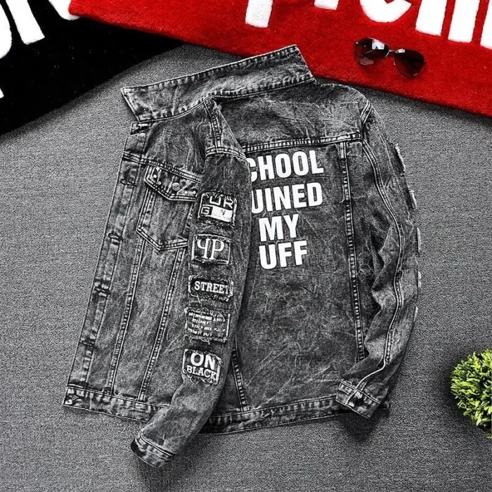 Jeans Coat for Men Hip Hop with Print Ripped Button Black Hole Denim Jackets Man Size L Large Lxury Worn Cowgirl Fast Delvery G - Image 2