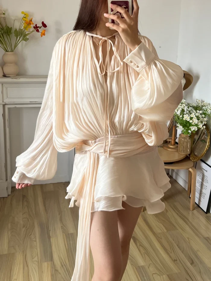 TWOTWINSTYLE Solid Blouse Mini Dresses For Women V Neck Long Sleeve Spliced Lace Up Sweet Style Dress Female Clothing Fashion - Image 3