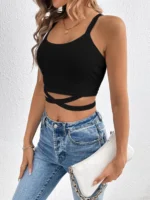 Solid Crisscross Halter Top, Tie Back Sleeveless Party Wear Top, Women's Clothing - Image 4