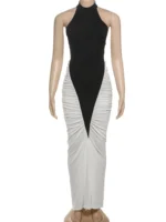 Whatiwear Contrast Patchwork Maxi Dress Women Halter Off Shoulder Backless Midnight Prom Party Ruched Elegant Skinny Vestidos - Image 6