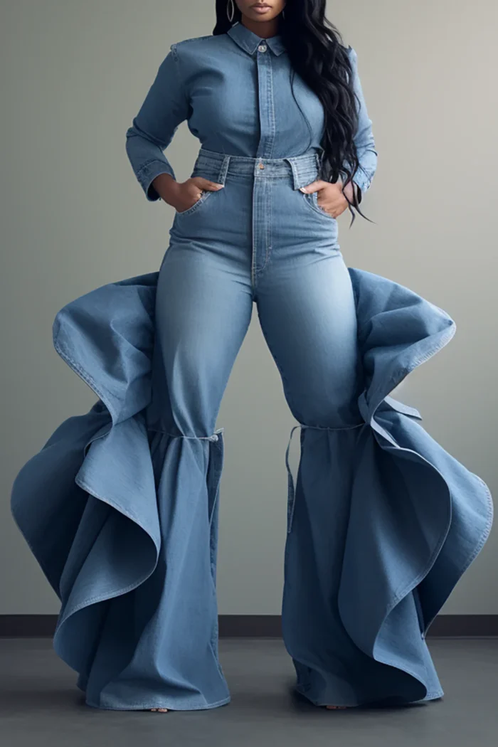 Plus Size Fashionable Women's Blue Jeans High Waist Ruffle Flared Casual Pink Denim Pants Spring Black Skinny Pants - Image 1