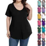 Plus Size Women's Tunic Tops Solid Color Large Size V-neck Loose T-Shirt With Pocket Summer Casual Basic Tee t shirts - Image 6