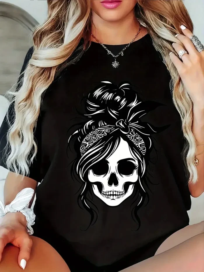 Plus Size Women's Casual T-Shirt - Black Geometric Skull & Floral Print, Round Neck Short Sleeve Top for Spring/Summer - Image 1