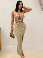 Beyprern Women's Cut-Out Ruched Maxi Dress Orange Sexy Halter Neck Backless High Slit Bandage Party Dresses Birthday Outfits - Image 3