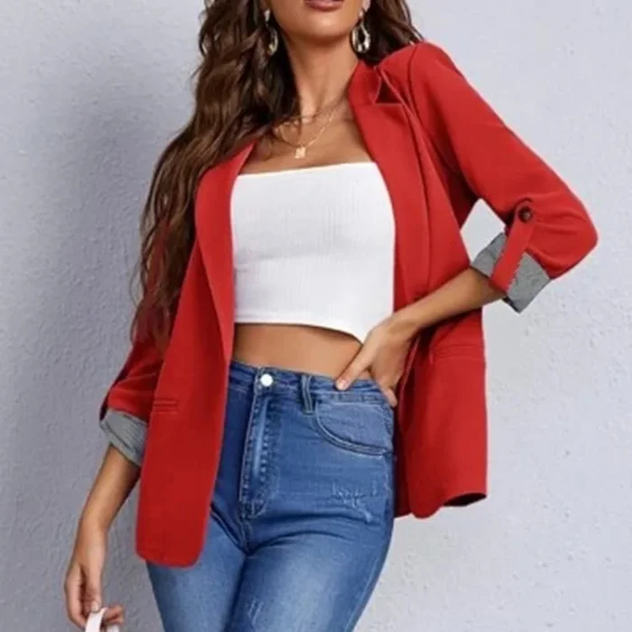Women Autumn Winter Fashion Splicing Lapel Slim Cardigan Blazer Jacket Long Sleeve Casual - Image 2