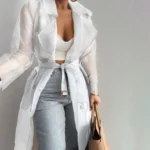 Spring Summer Women Coat Solid Color Turndown Collar Long Sleeve Net YarnWomen Shirt See Through Lace-up Female Long Shirt - Image 5