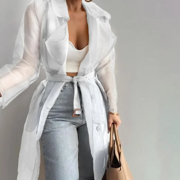 Spring Summer Women Coat Solid Color Turndown Collar Long Sleeve Net YarnWomen Shirt See Through Lace-up Female Long Shirt - Image 5