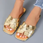 Golden Open Heeled Flat Women's Shoes Leather Sandals Bathroom Slippers Beach Footwear Comfortable Slip-On Sandals for Women