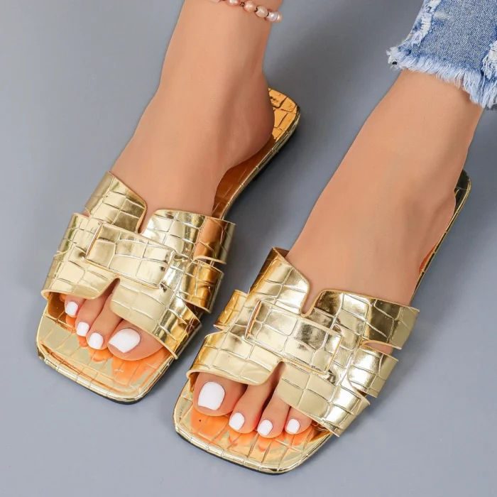 Golden Open Heeled Flat Women's Shoes Leather Sandals Bathroom Slippers Beach Footwear Comfortable Slip-On Sandals for Women - Image 1