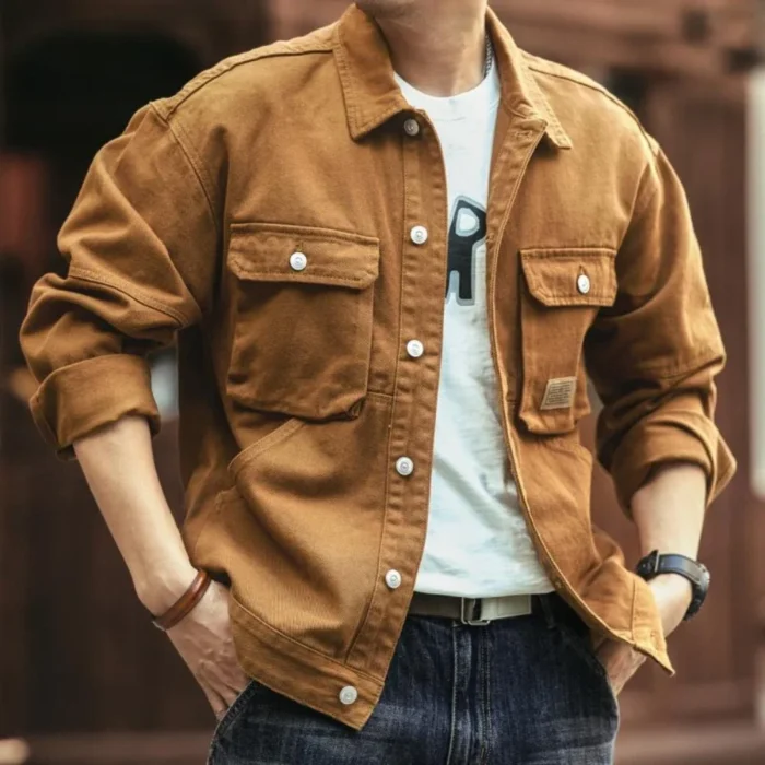 Cargo Oversize Cowboy Coat for Men Brown Cotton Denim Jackets Man Joker of Fabric Korea Japanese Retro Outwear Size L Lxury Worn - Image 6