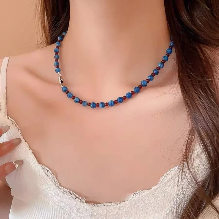 Light Luxury Natural Stone Bead chain Blue Agate Stone Short Necklace 2025 Trendy Jewelry For Women Collarbone Chain Accessories - Image 2