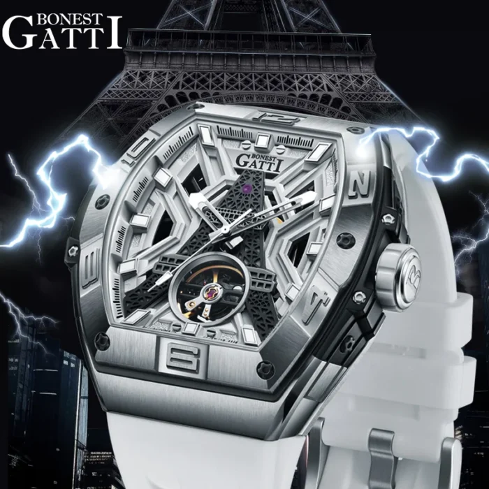Sapphire Automatic Winding Man Watches Paris Design Tonneau Luxury 316 Stainless Steel Rubber Skeleton - Image 1