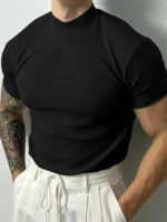 spring summer fashion Men's T-shirt Small high collar stripe shirt short sleeve fitness top leisure sport T-shirt Men sportswear - Image 3