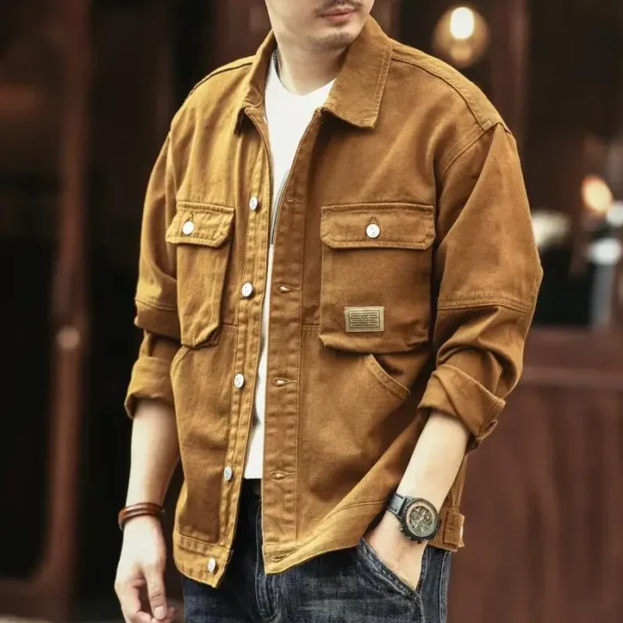 Cargo Oversize Cowboy Coat for Men Brown Cotton Denim Jackets Man Joker of Fabric Korea Japanese Retro Outwear Size L Lxury Worn - Image 5